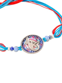 NVR Unisex Red & Blue Ganesh Ji Thread Rakhi With Roli Chawal
