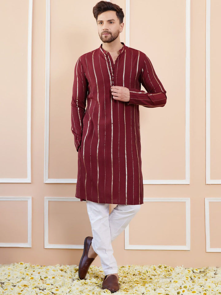 See Designs Mandarin Collar Striped Thread Work Chanderi Silk Straight Kurta