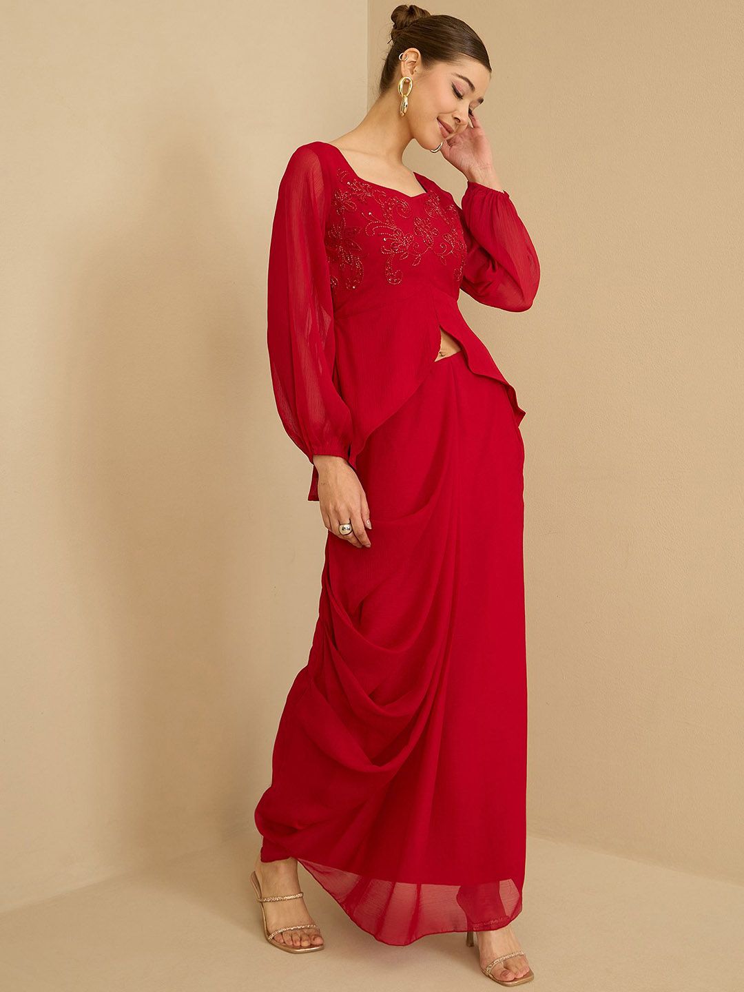 Antheaa Red Embellished Square Neck Top With Skirt