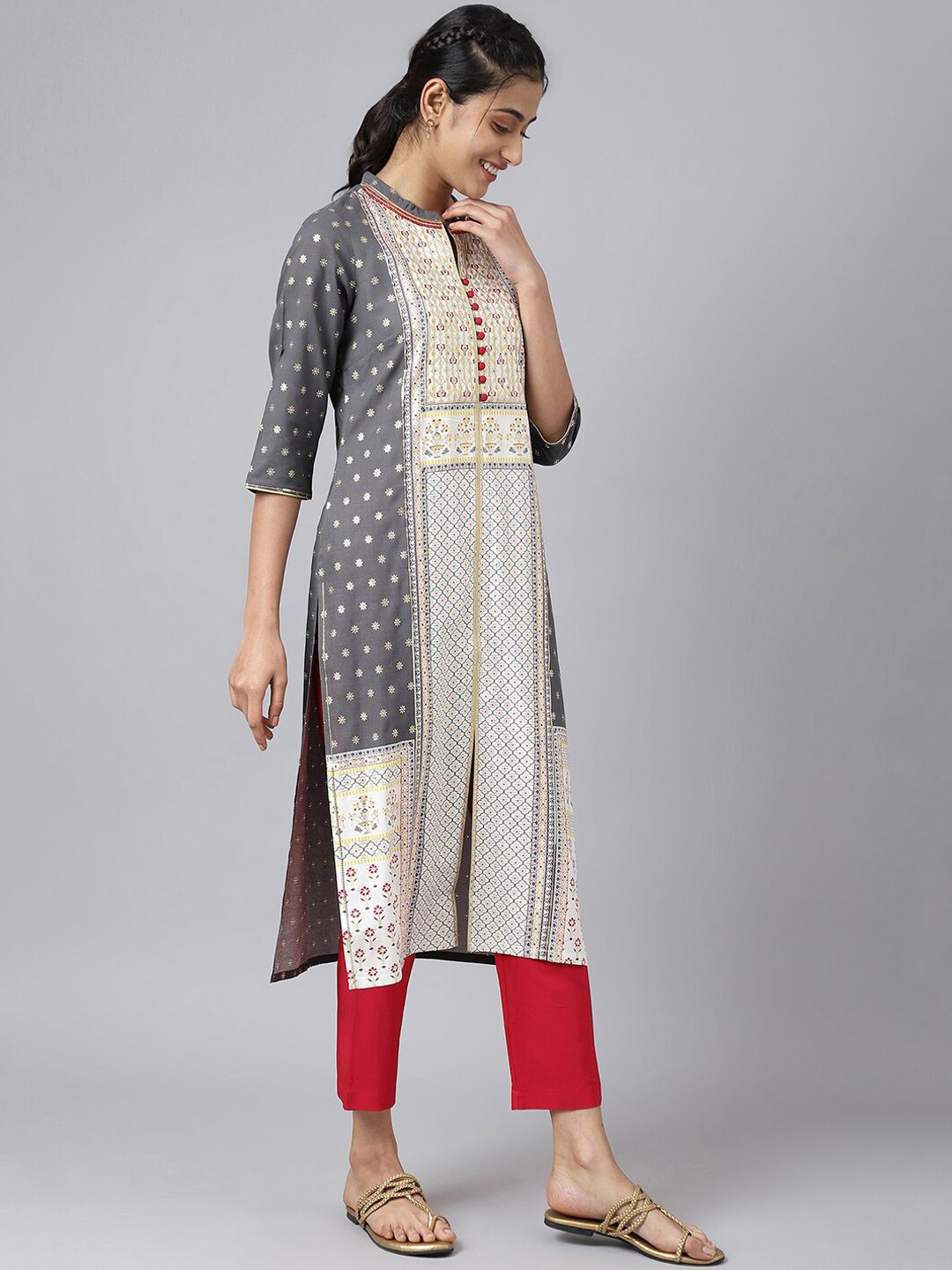 Aurelia Women Grey Floral Print Viscose Kurta Set with Trousers & Dupatta