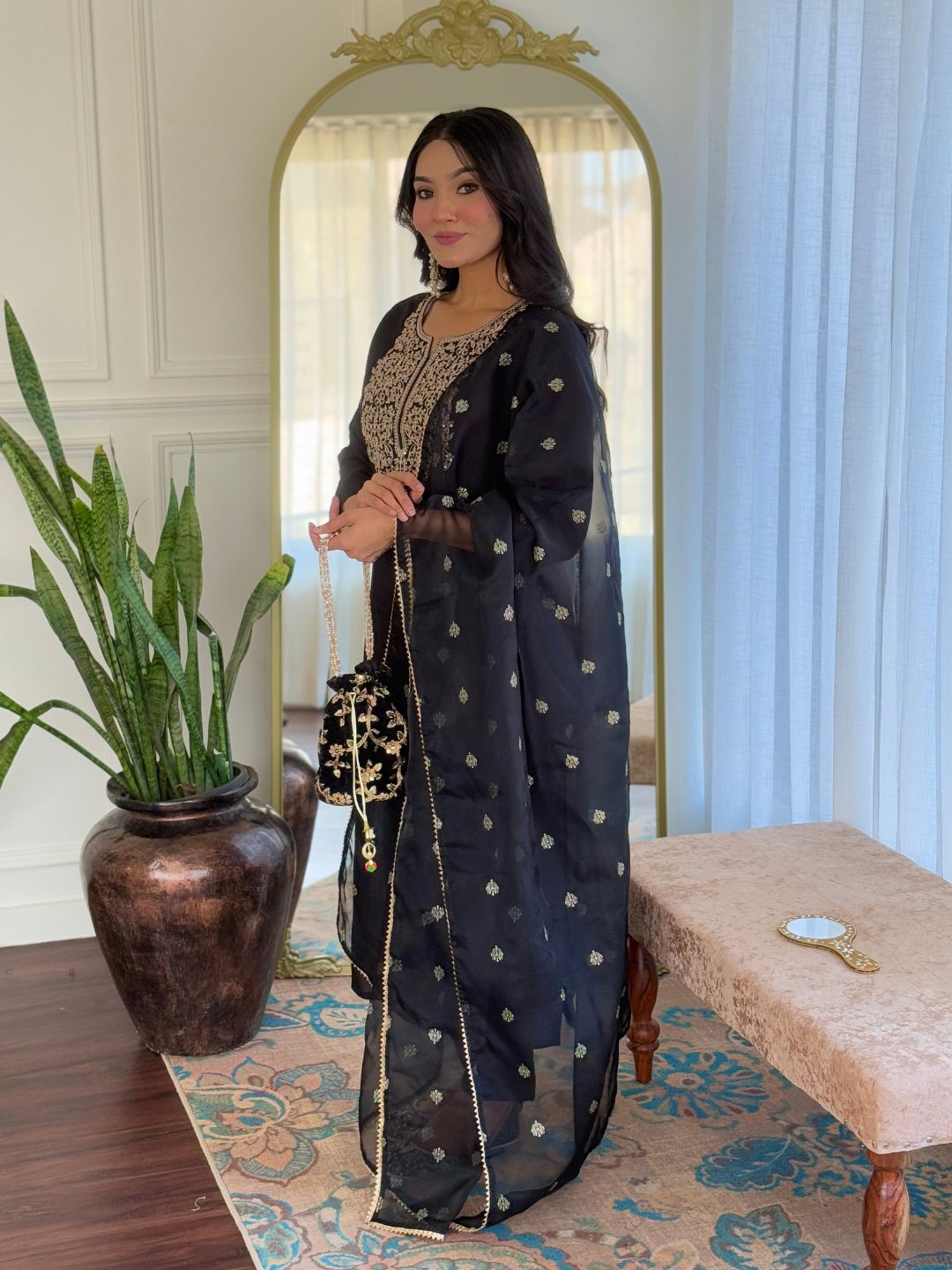 KALINI Floral Embroidered Sequinned Straight Kurta With Trousers & Dupatta