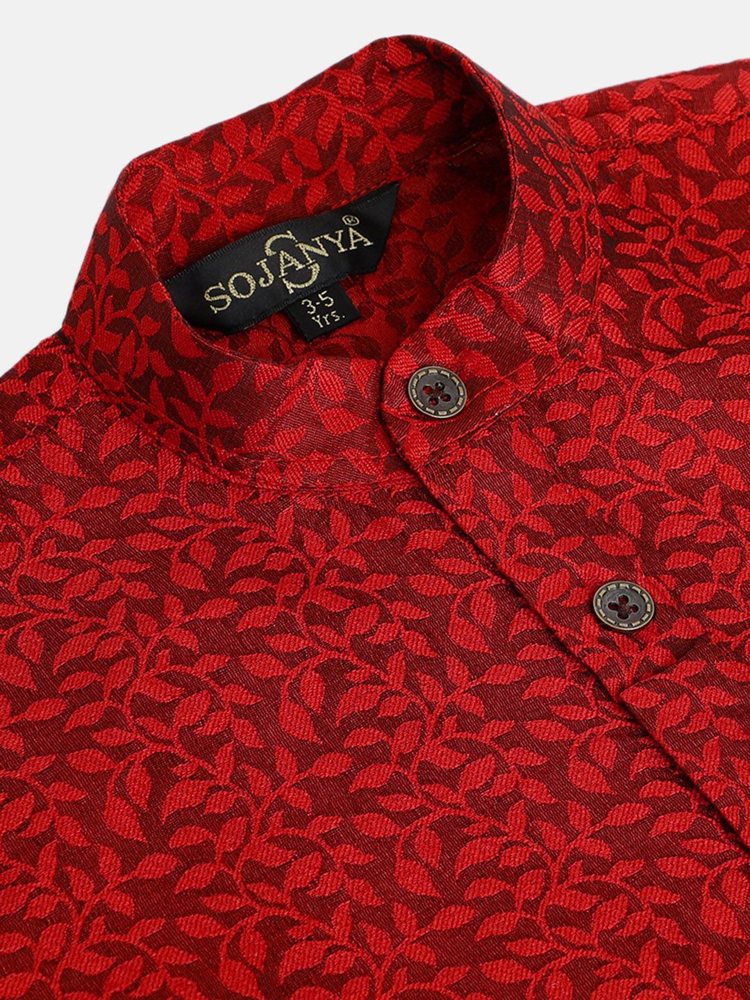 SOJANYA Boys Maroon Woven Design Jacquard Weave Band Collar Kurta