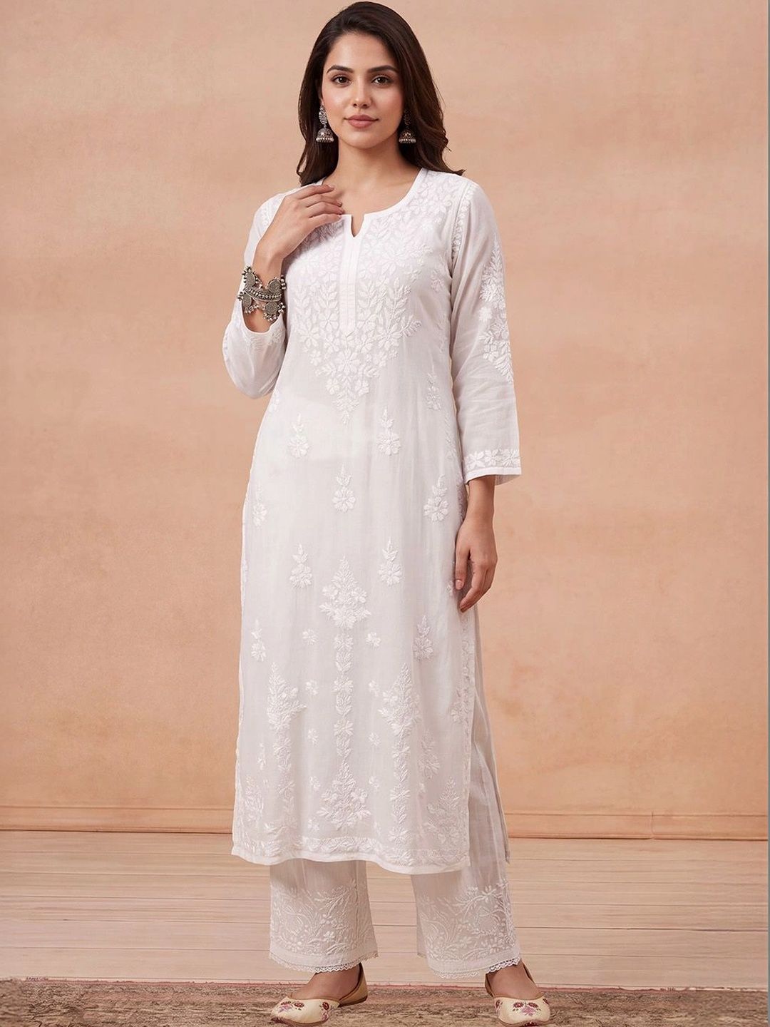 House of Chikankari Women White Modal Chikankari Embroidered Kurta