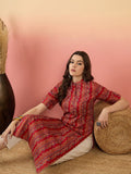 Anouk Red Chevron Printed Mandarin Collar Short Sleeves Cotton Kurta