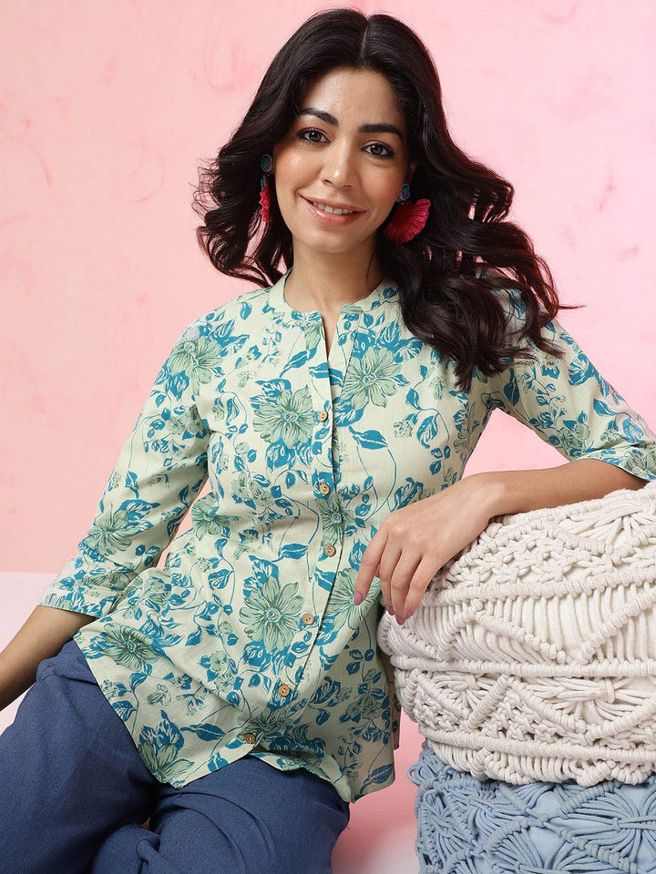 Anouk Blue Floral Printed Mandarin Collar Pure Cotton Top