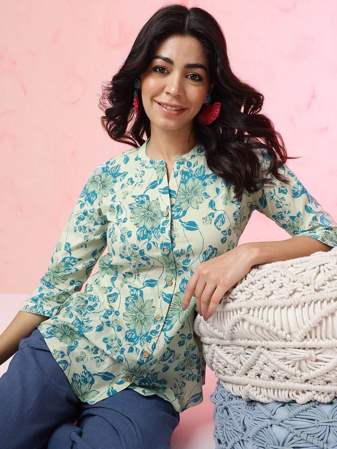 Anouk Blue Floral Printed Mandarin Collar Pure Cotton Top
