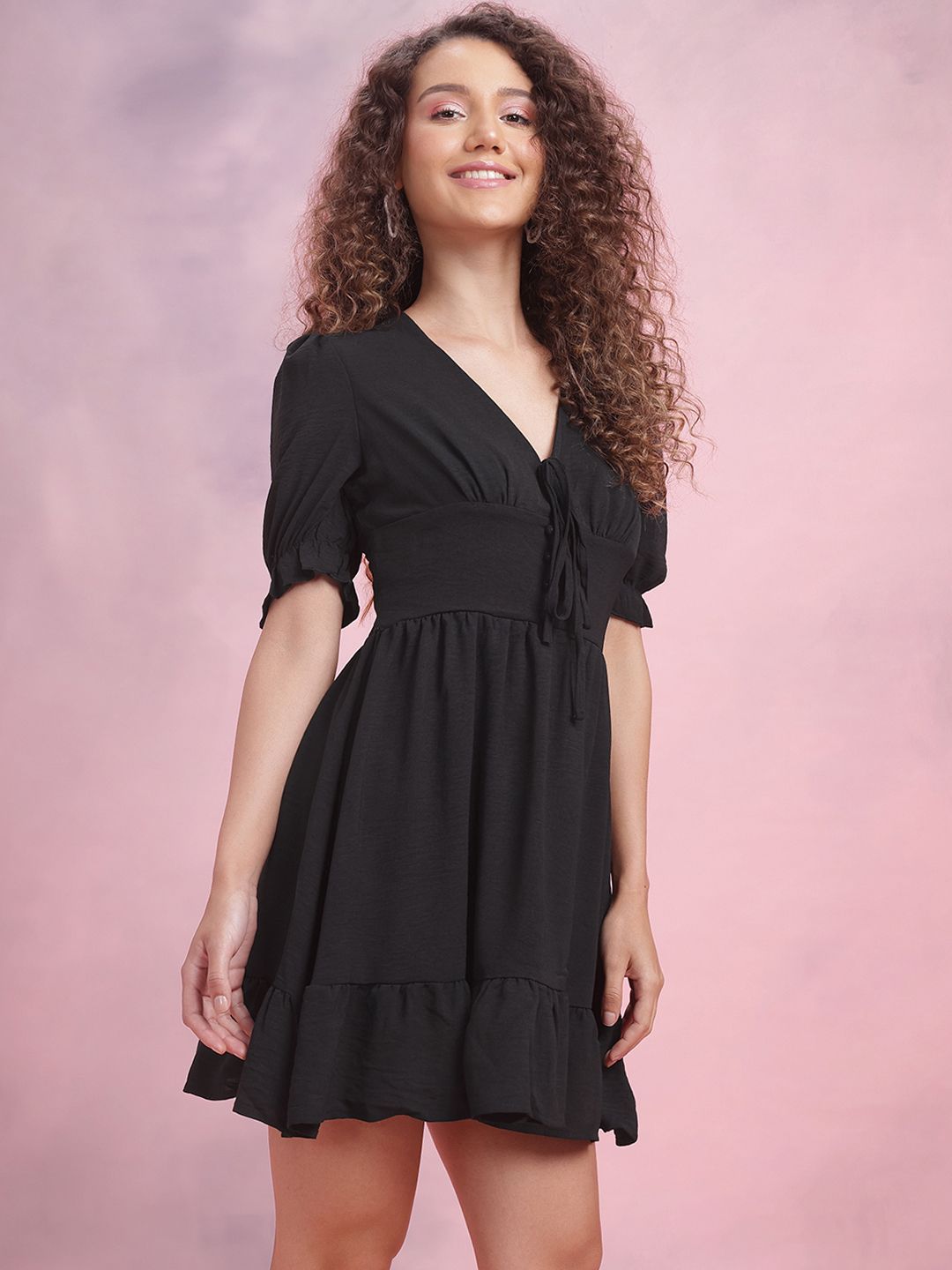 DressBerry Puff Sleeves A-Line Dress with Ruffled Detail
