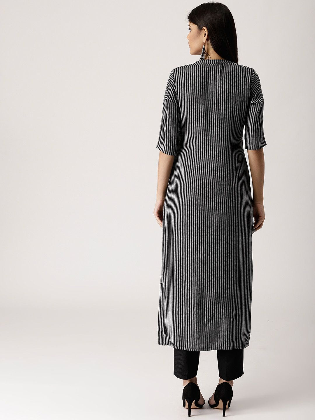 Libas Women Black & Grey Striped Straight Kurta