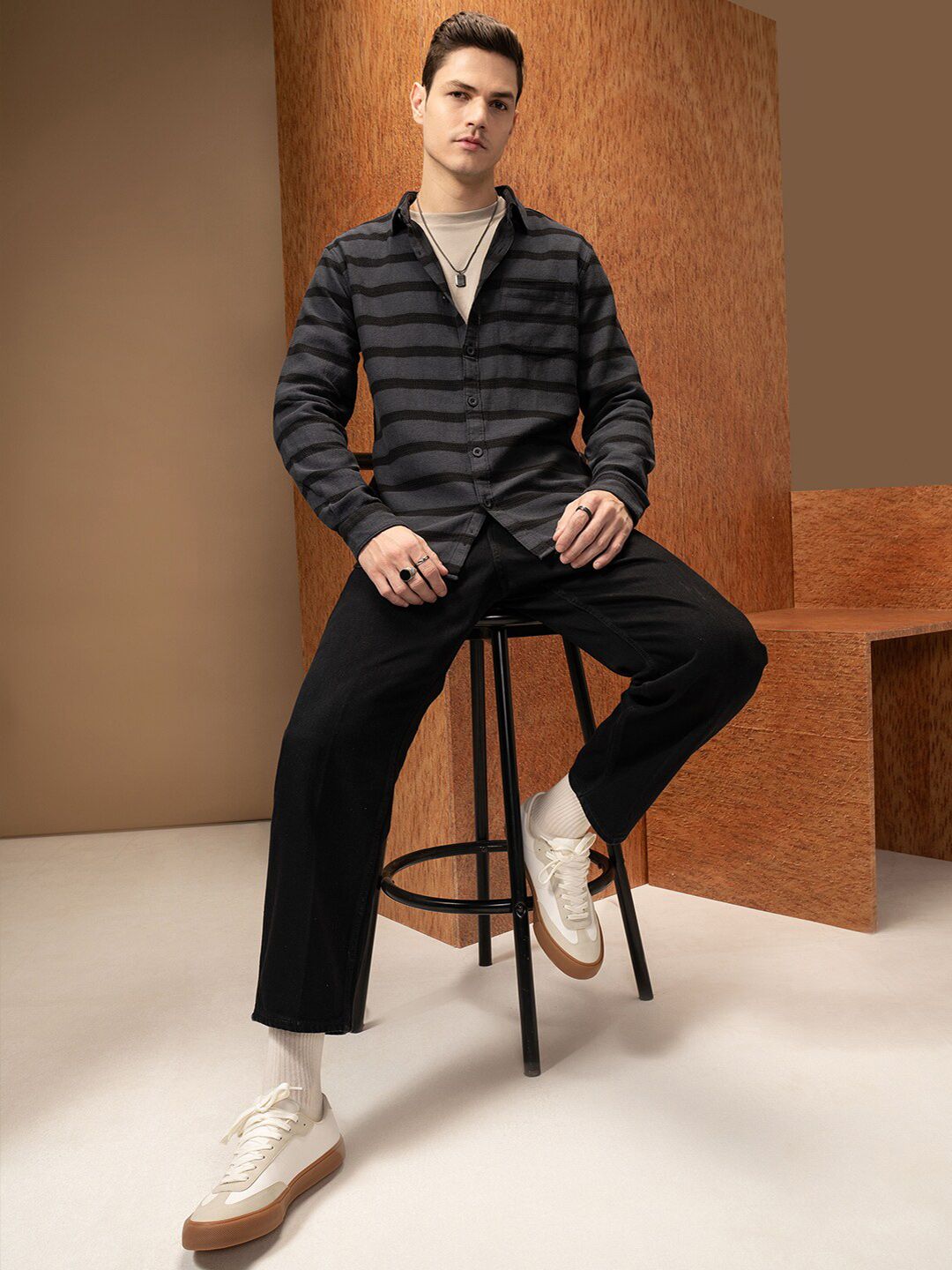LOCOMOTIVE Premium Men Relaxed Fit Dobby Textured Striped Shirt