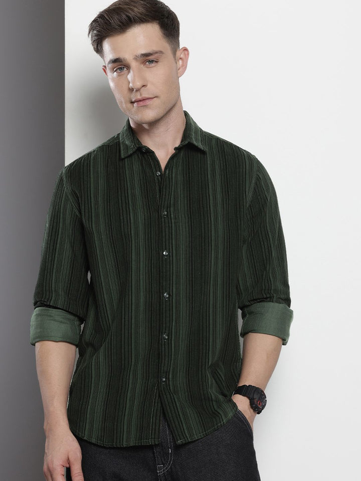 The Indian Garage Co Pure Cotton Vertical Striped Corduroy Casual Shirt