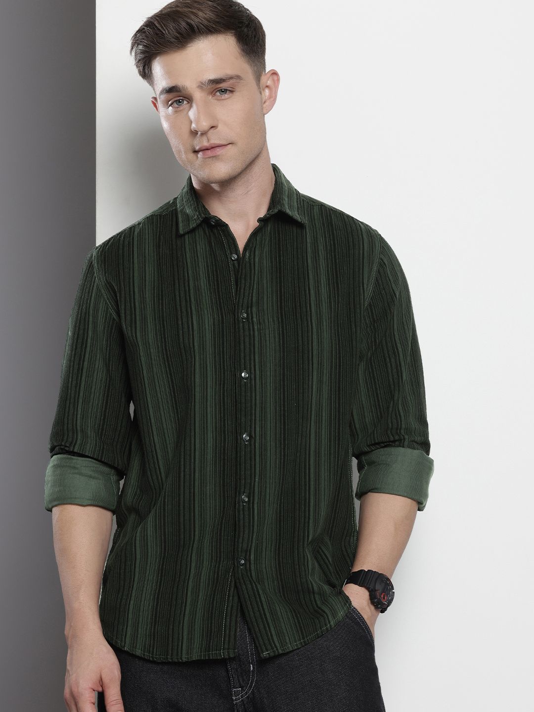 The Indian Garage Co Pure Cotton Vertical Striped Corduroy Casual Shirt