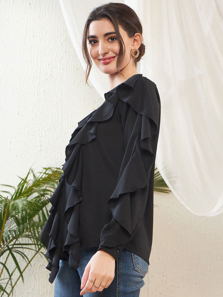 SASSAFRAS Black Cuffed Sleeves Ruffles Georgette Top