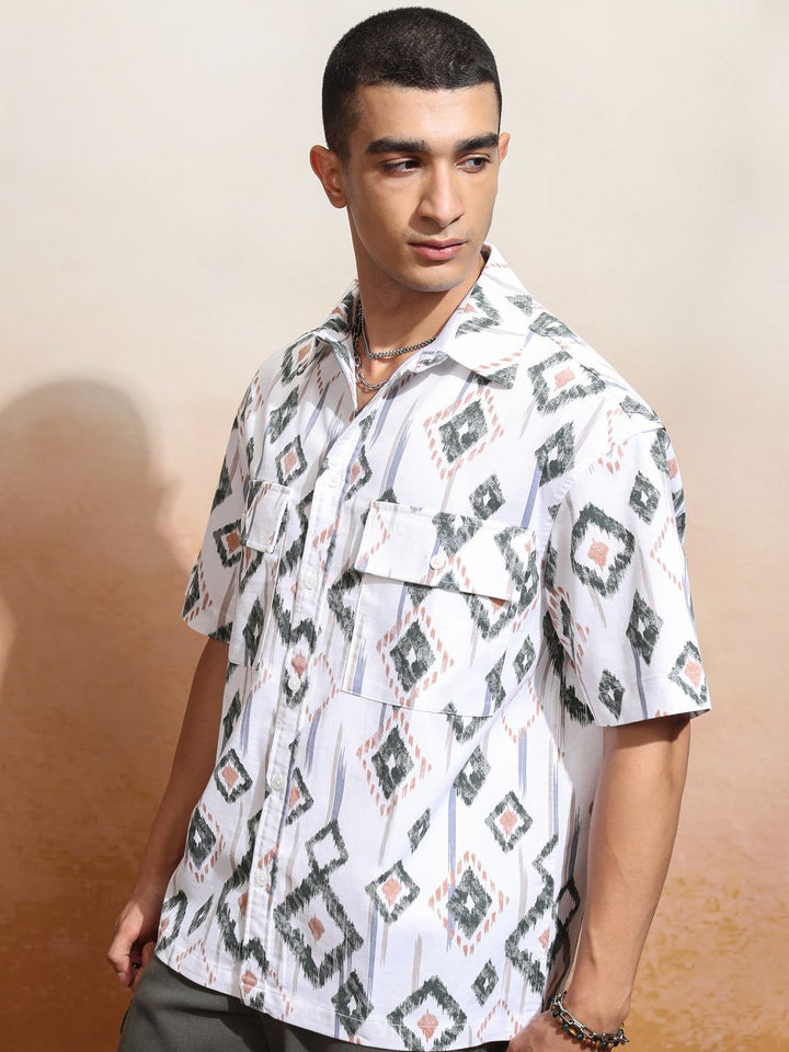 HIGHLANDER Men Cord Textured Checked Utility Pocket Oversized Overshirt