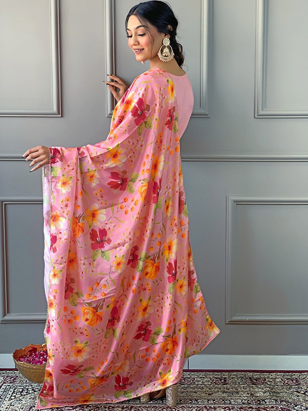KALINI Floral Yoke Design Regular Straight Kurta With Trousers & Dupatta