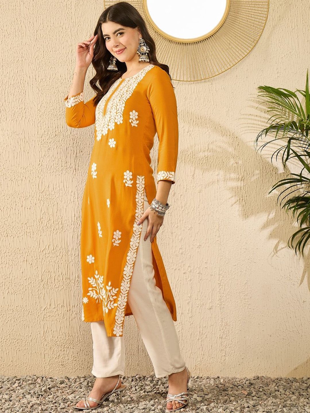 KALINI Floral Embroidered Round Neck Thread Work Straight Kurta