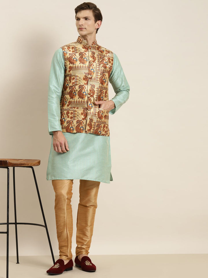 SOJANYA Kurta Belang Hijau Laut Lelaki dengan Jaket Churidar & Nehru