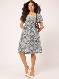 DressBerry Cultural Chic Ethnic Printed Puff Sleeve Fit & Flare Dress