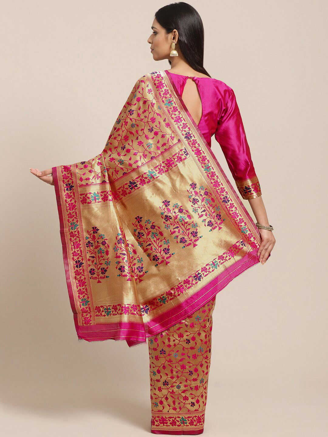 Saree mall Golden & Pink Woven Design Banarasi Saree