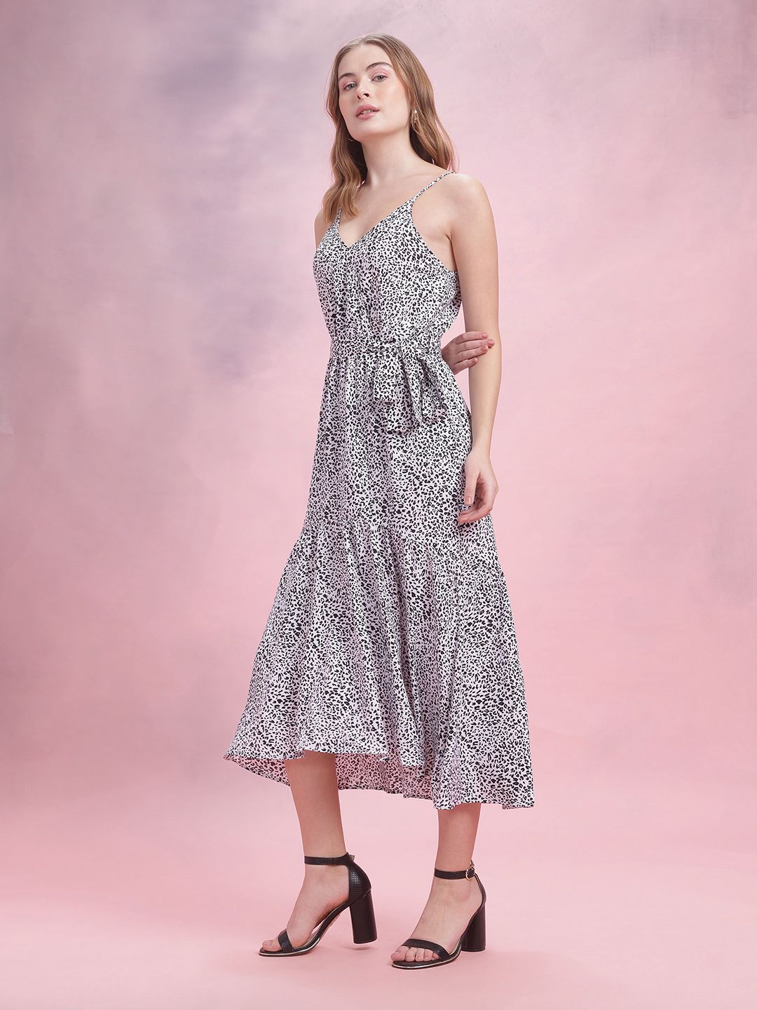 DressBerry Leopard Print Shoulder Straps Maxi Fit & Flare Wrap Dress with Belt