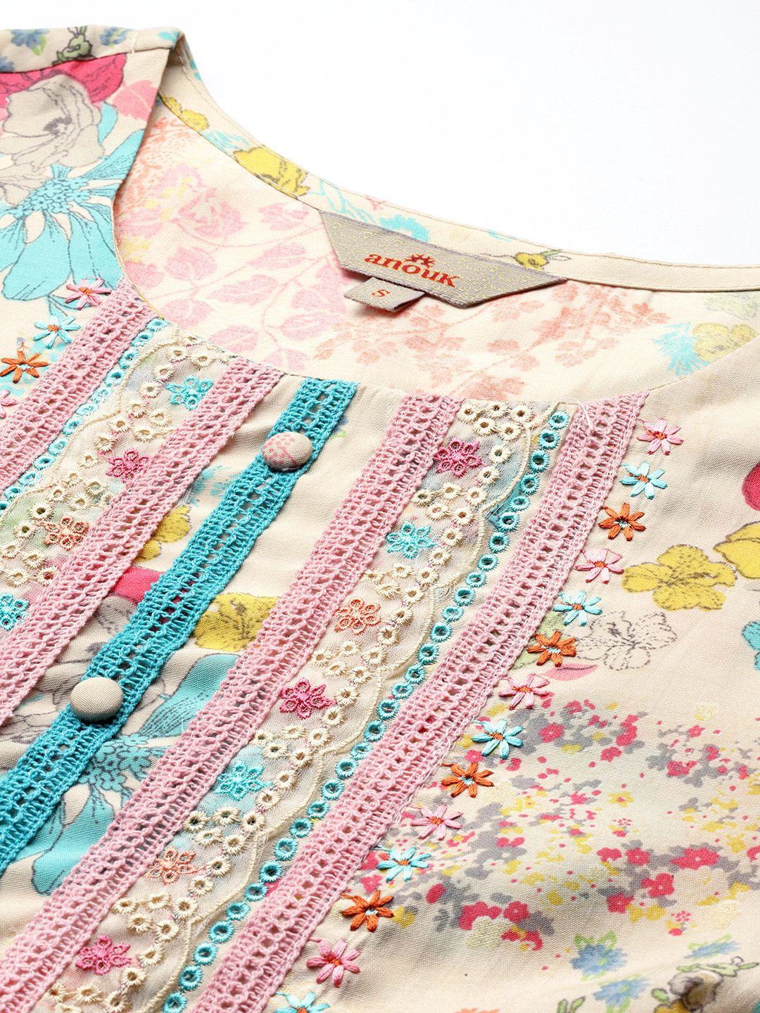 Anouk Floral Printed Lace Insert Detail Straight Kurta