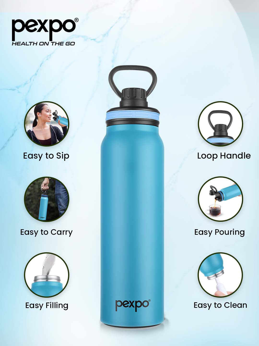 Pexpo Austin Blue Double wall Thermosteel Hot & Cold Blue Insulated Water Bottle 740ml