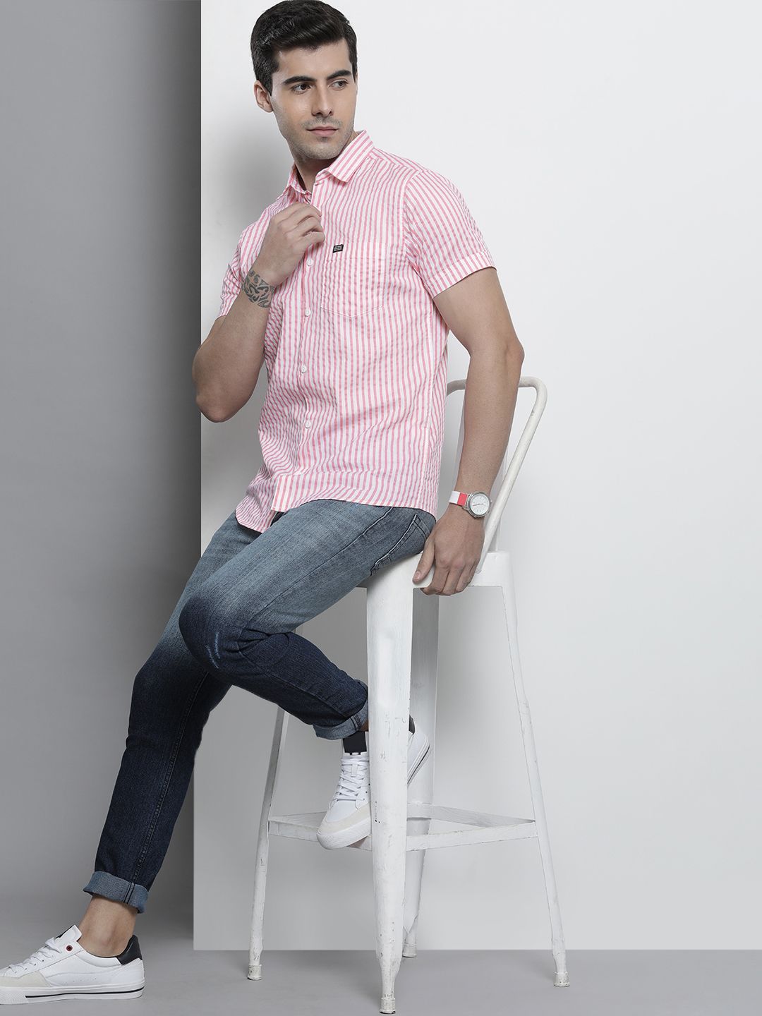The Indian Garage Co Men Pink Comfort Striped Regular Fit Cotton Casual Shirt
