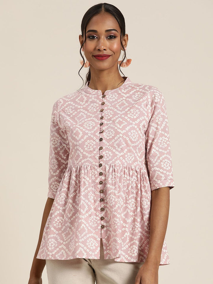 Shae by SASSAFRAS Mauve & White Print Cotton Peplum Top