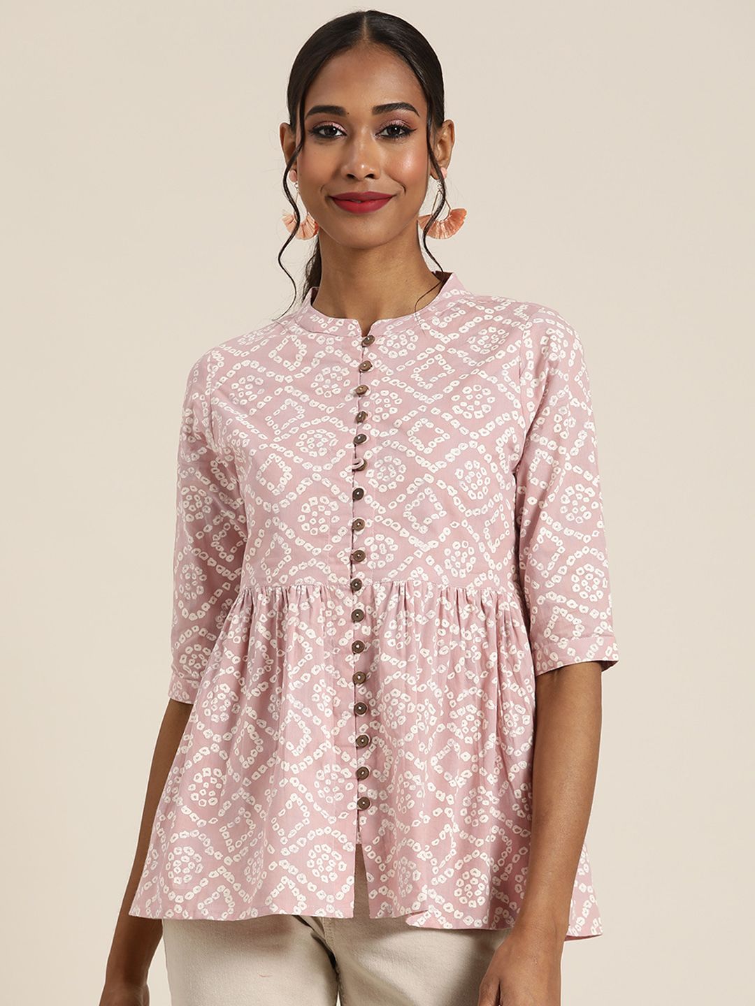 Shae by SASSAFRAS Mauve & White Print Cotton Peplum Top