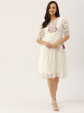 Antheaa White Floral Chiffon Embroidered Laced A-Line Dress
