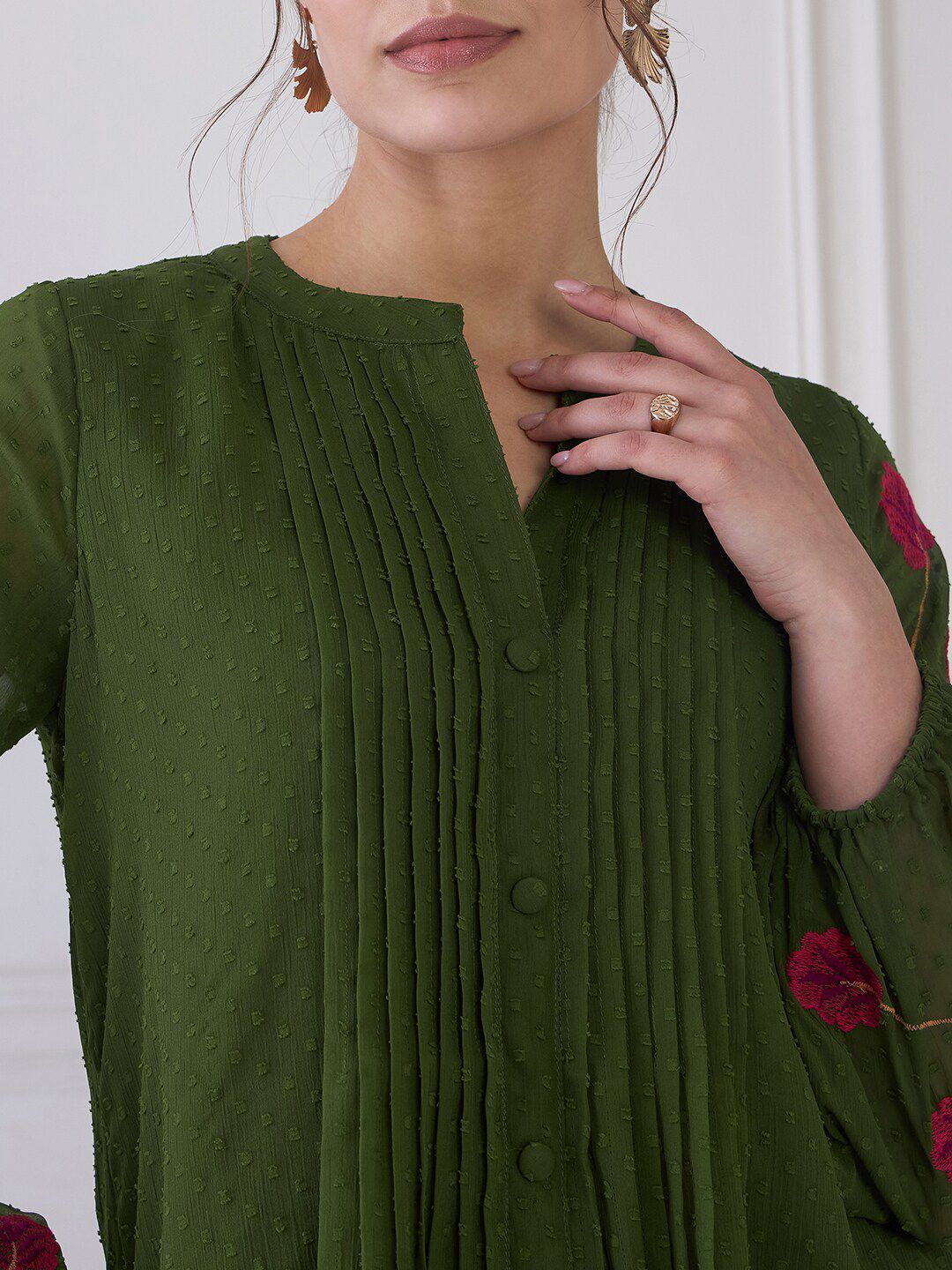 Antheaa Green Self Design Mandarin Collar Puff Sleeves Embroidered Chiffon Shirt Style Top