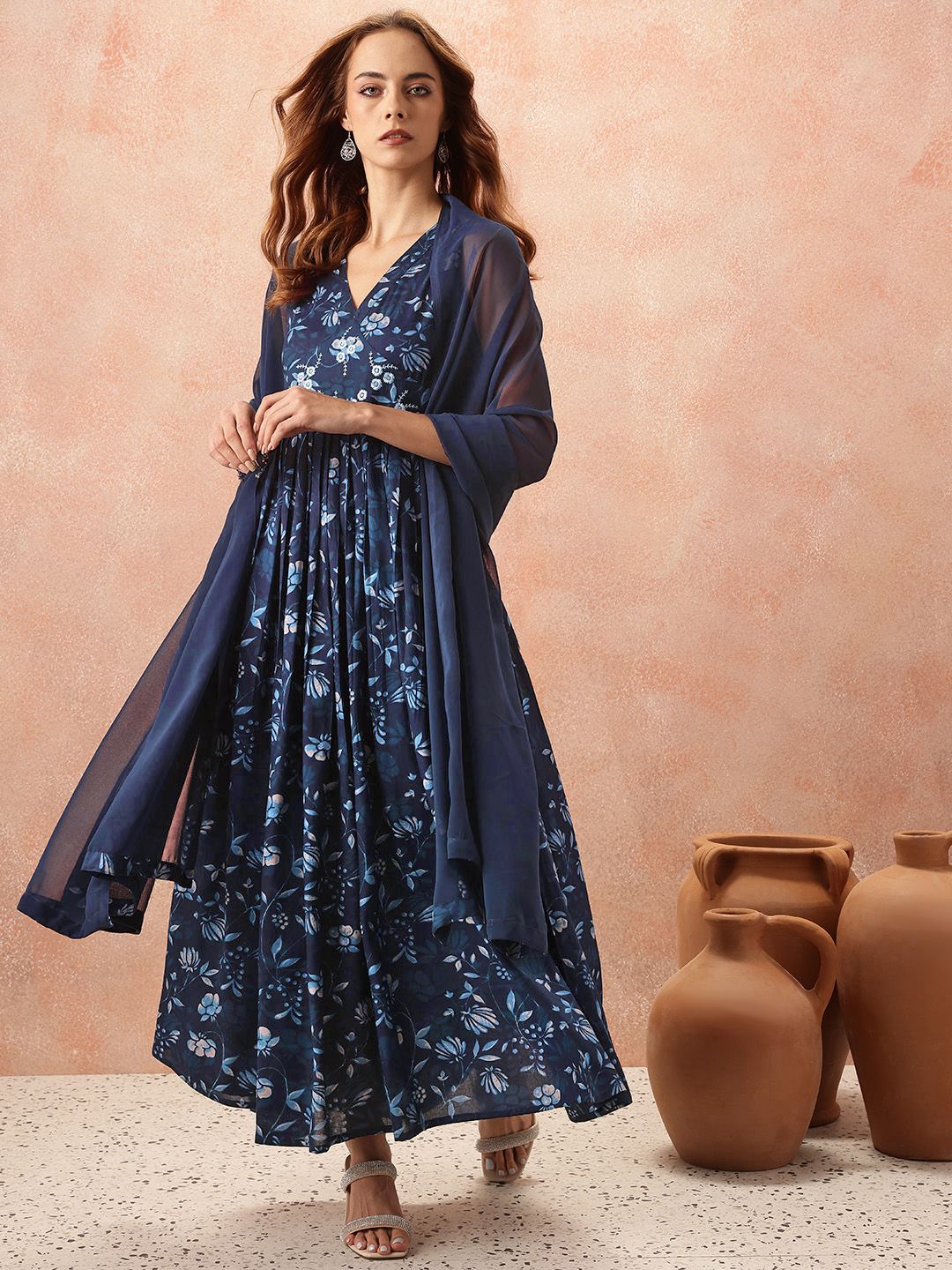all about you Floral Print Flared Ethnic Dress With Dupatta