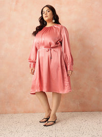 all about you Plus Size Puff Sleeve Satin Finish A-Line Party Dress with Tir-up Detail