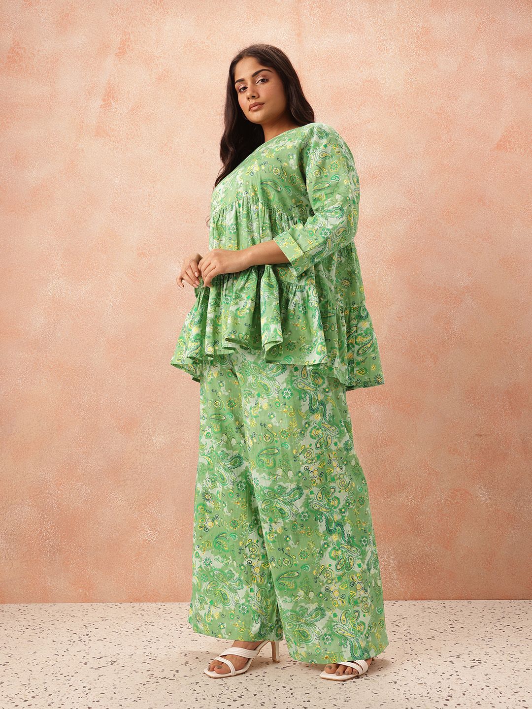 all about you Plus Size Paisley Printed Pure Cotton Tiered Empire Top with Palazzos