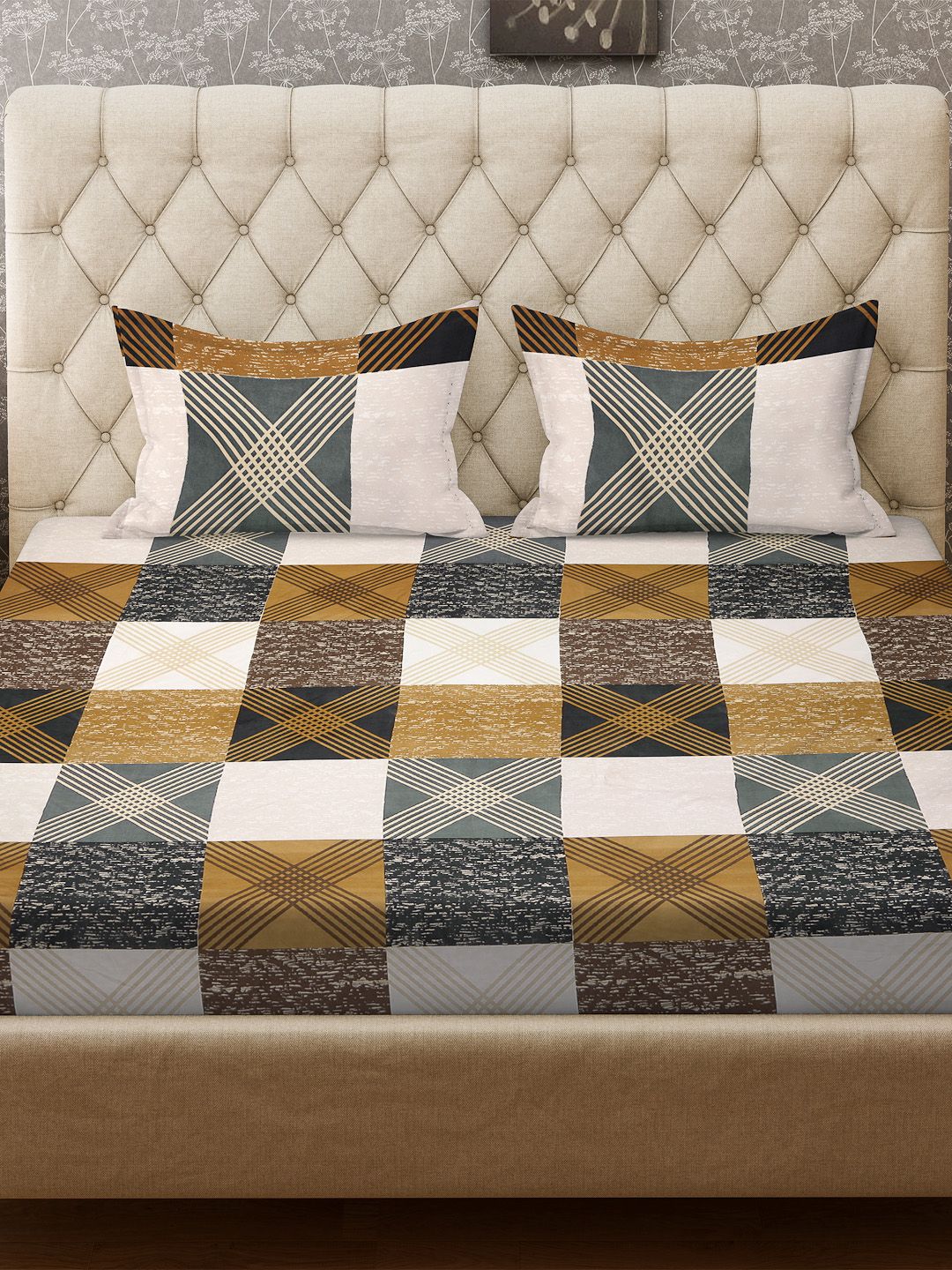 KLOTTHE Khaki & Grey 300 TC Fitted Super King Double Bedsheet with 2 Pillow Covers