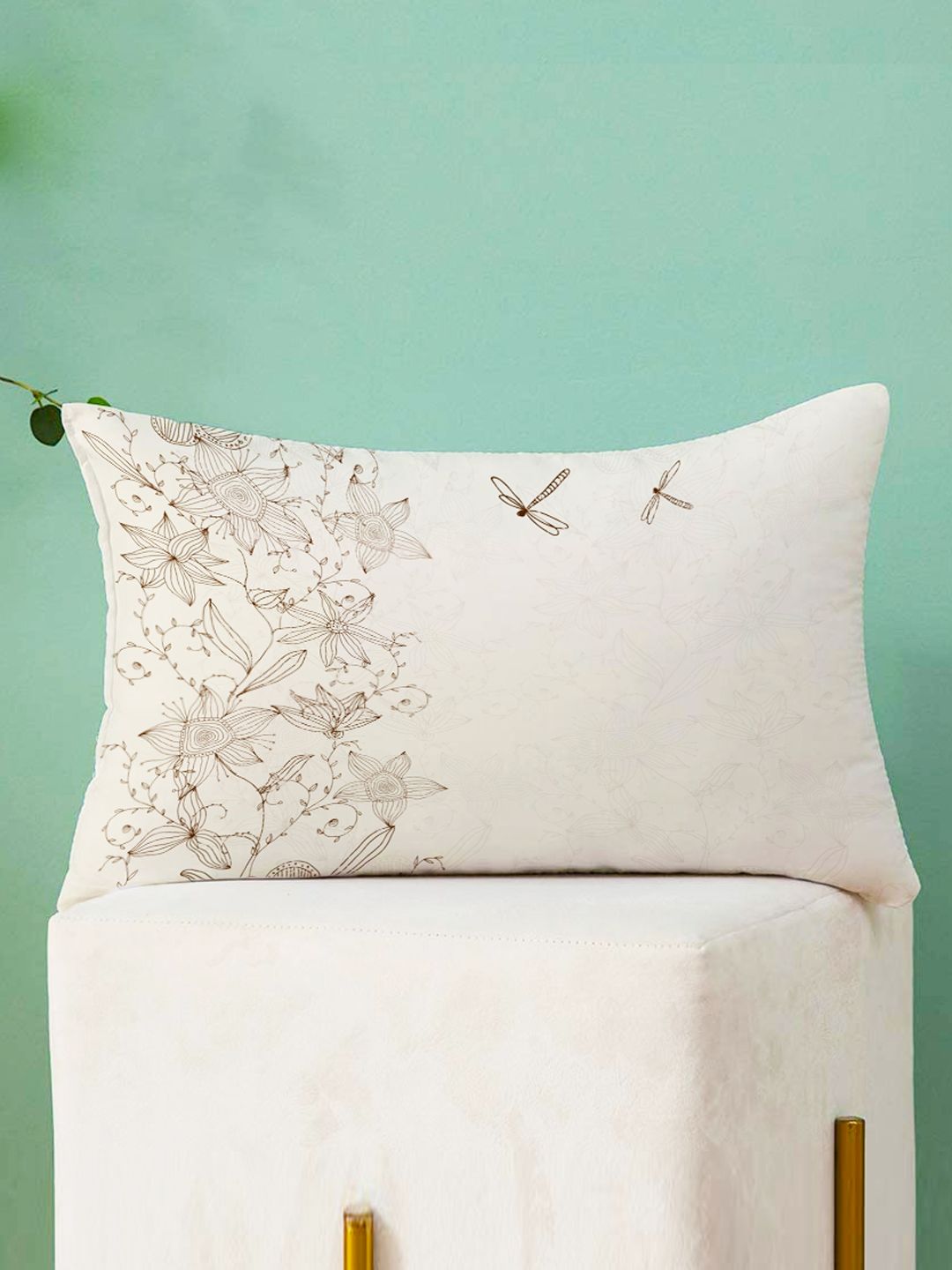 STITCHNEST Pack Of 2 Cream-Coloured Printed Rectangle Cushion Covers