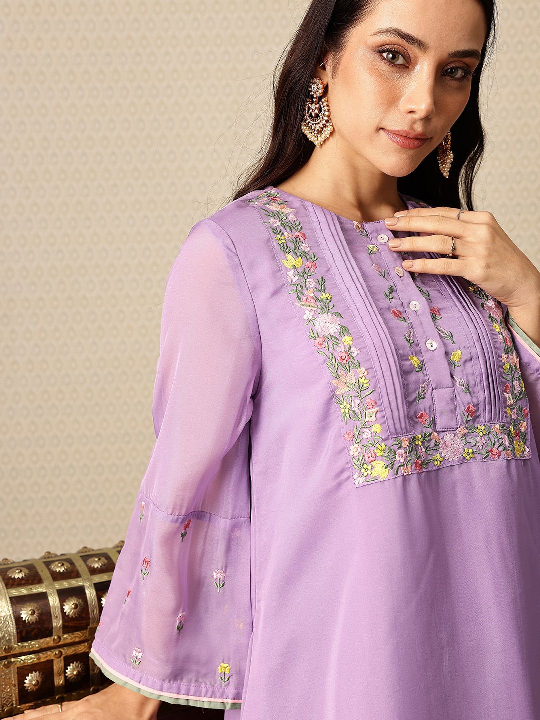 House of Pataudi Floral Yoke Design Thread Work Jashn A-Line Kurta with Palazzos & Dupatta