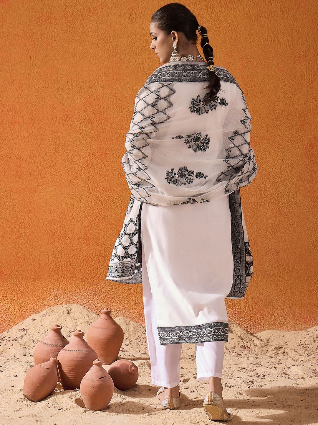 Indo Era White Floral Printed V-Neck Straight Kurta with Trousers & Dupatta