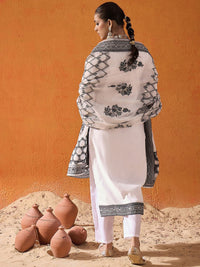 Indo Era White Floral Printed V-Neck Straight Kurta with Trousers & Dupatta