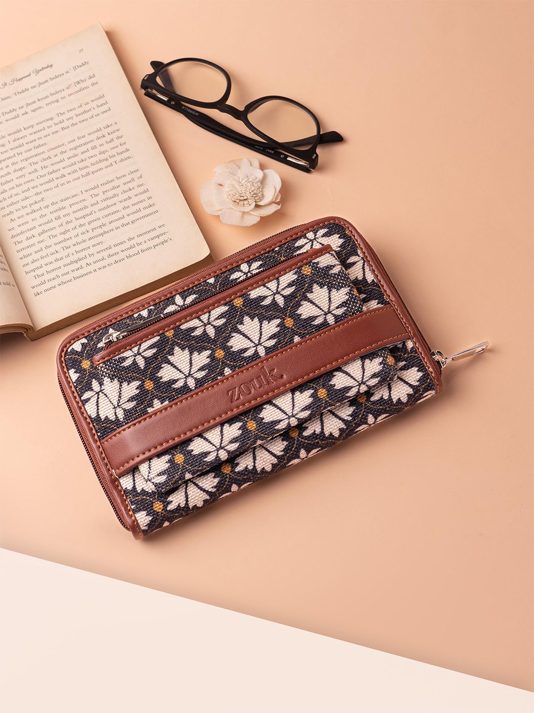 ZOUK Women White & Black Floral Printed Zip Around Wallet