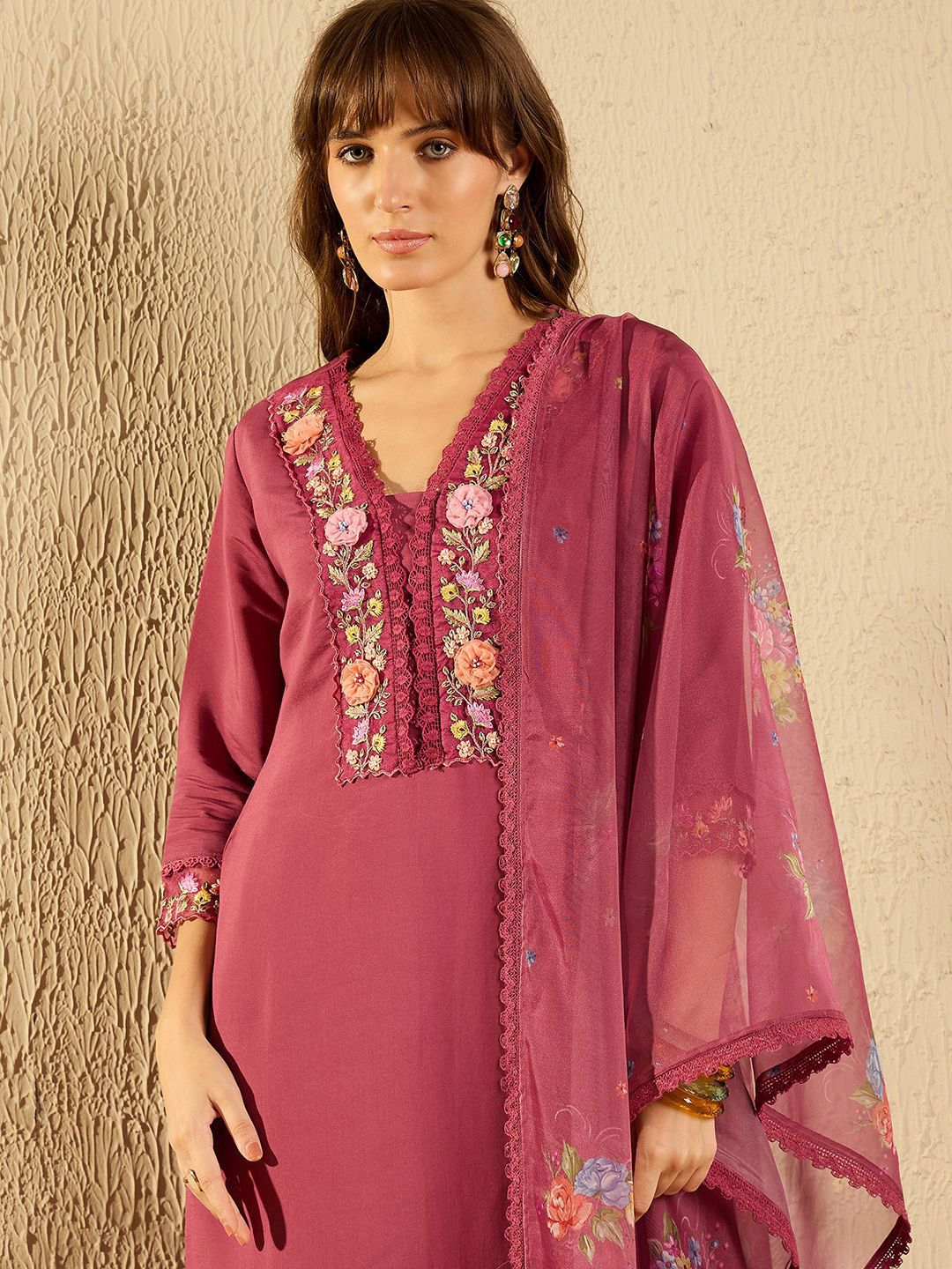 Indo Era Women Floral Yoke Design Regular Thread Work Kurta with Trousers & With Dupatta
