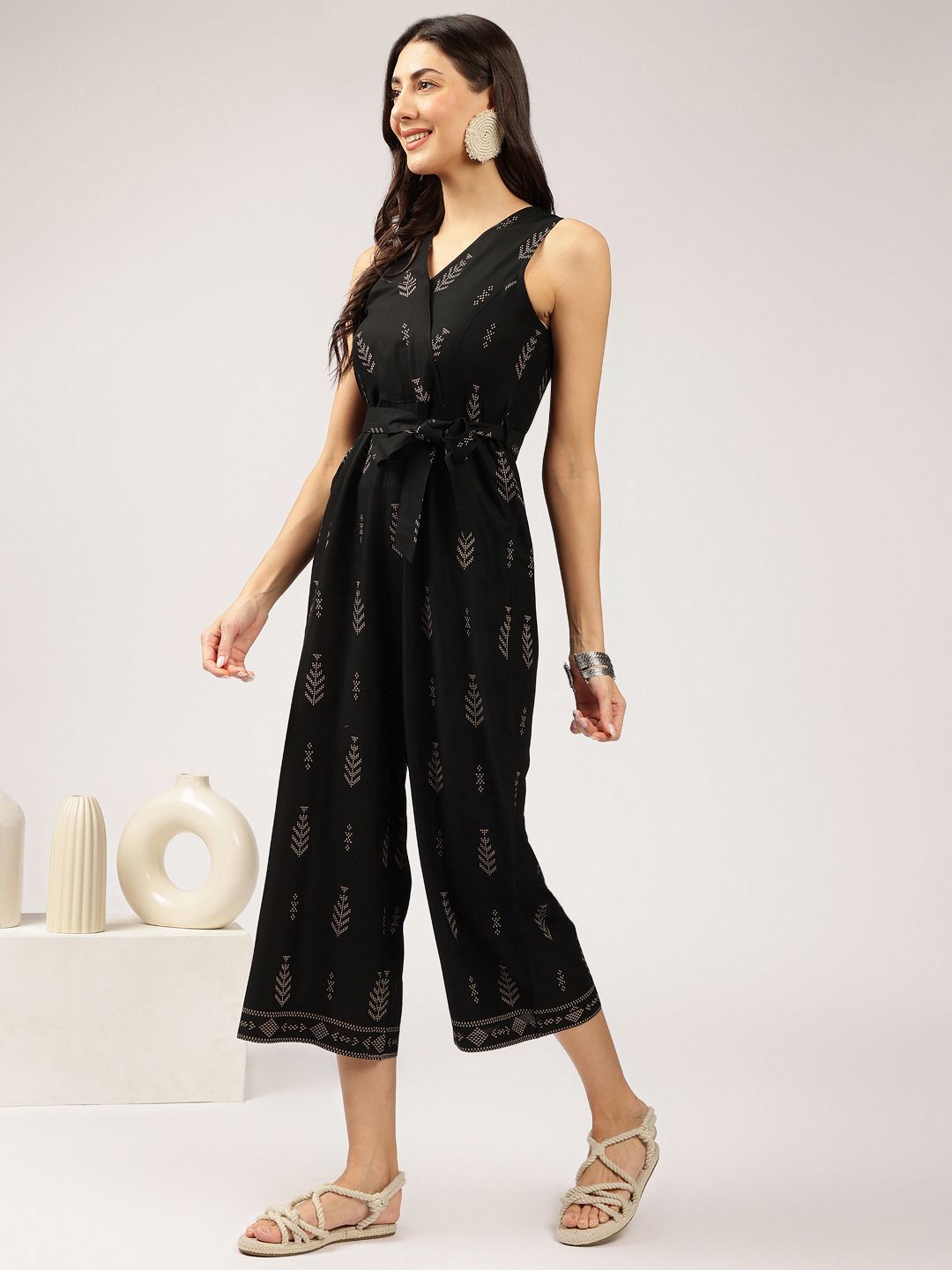 Anouk Ethnic Motifs Printed Sleeveless Waist Tie-Ups Culotte Jumpsuit