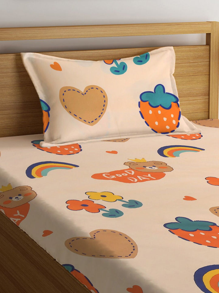 KLOTTHE Orange & Blue Cartoon Printed 300 TC Single Cotton Bedsheet With 1 Pillow Cover