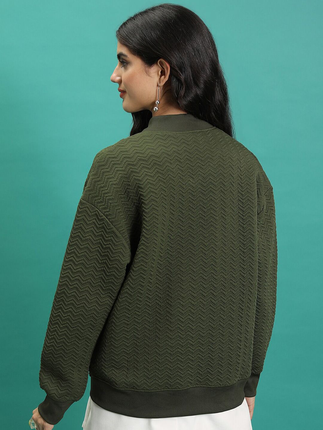 Tokyo Talkies Green Self Design Stand Collar Bomber Jacket