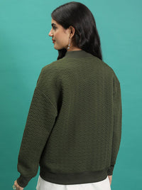 Tokyo Talkies Green Self Design Stand Collar Bomber Jacket