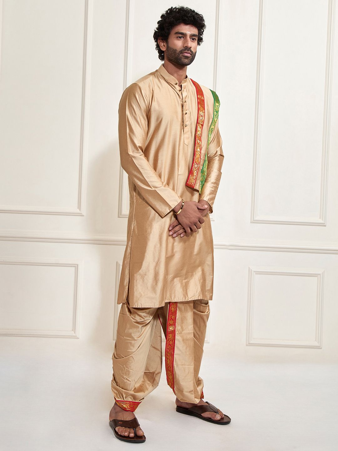 VASTRAMAY Men Beige Kurta with Dhoti Pants & With Dupatta