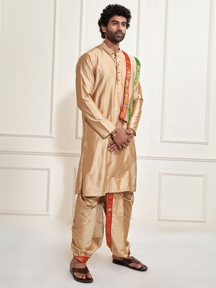 VASTRAMAY Men Beige Kurta with Dhoti Pants & With Dupatta
