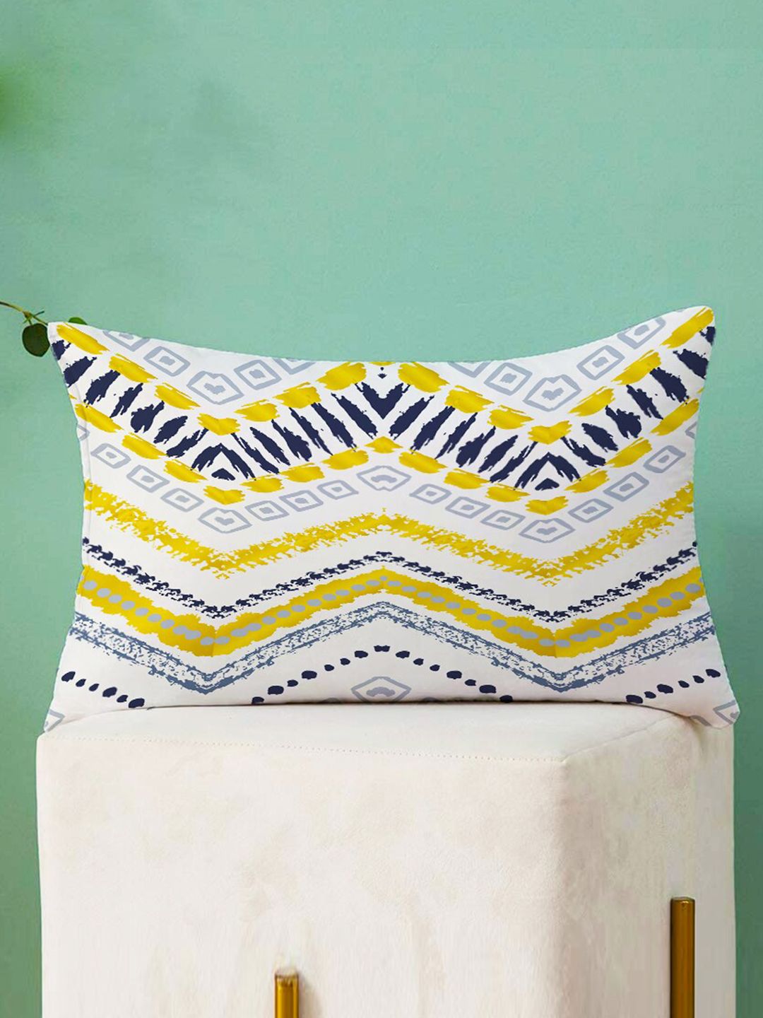 STITCHNEST Set of 2 Yellow & Off White 12" x 18" Geometric Rectangle Cushion Covers