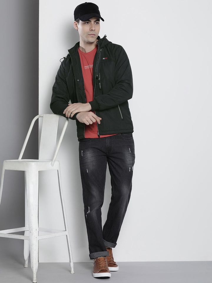The Indian Garage Co Men Black Hooded Sporty Jacket