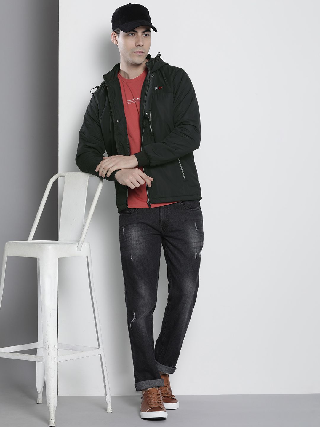 The Indian Garage Co Men Black Hooded Sporty Jacket