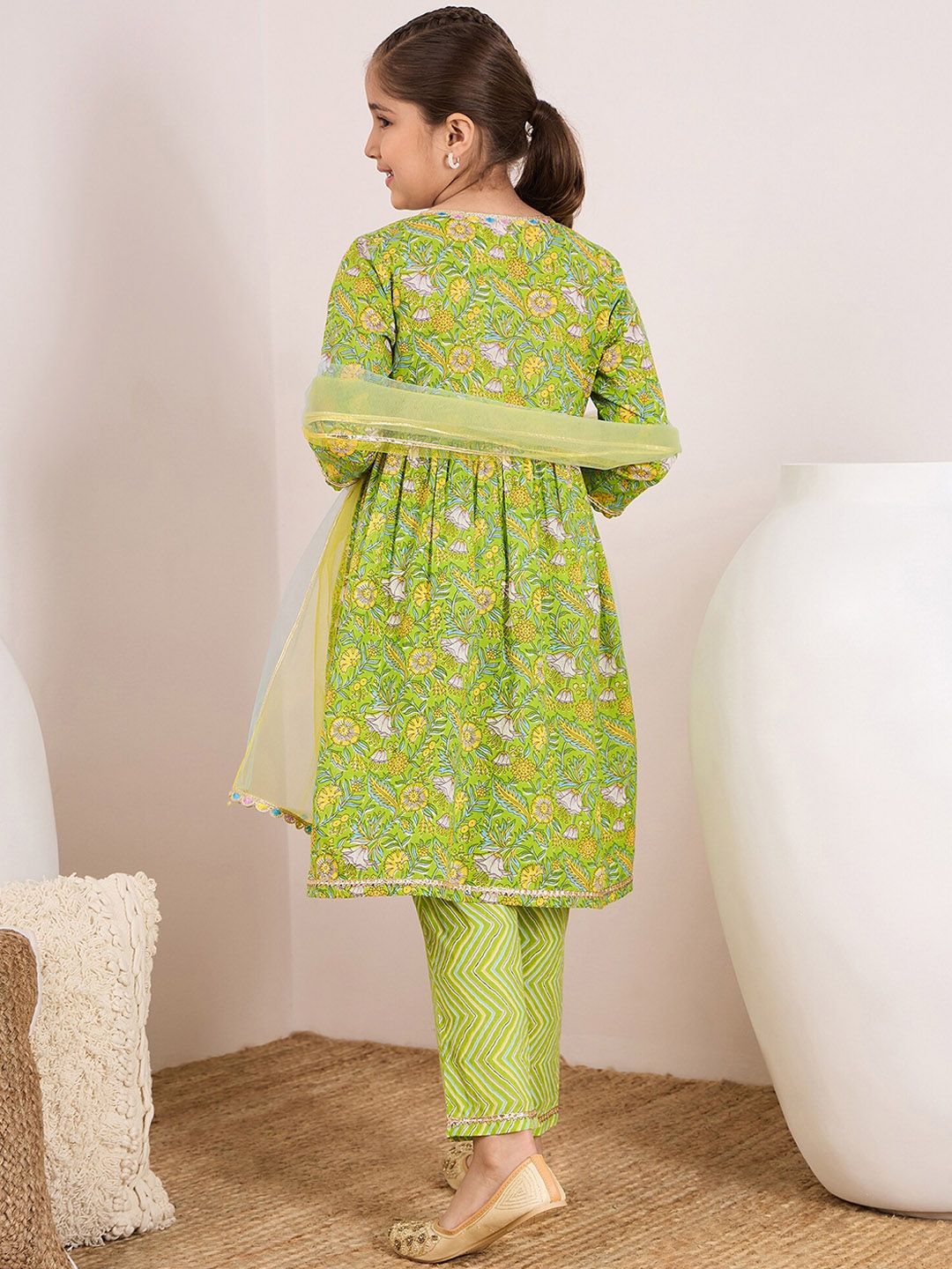pspeaches Girls Ethnic Motifs Printed Angrakha Pure Cotton Kurta with Trousers & Dupatta